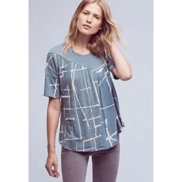 Akemi Kin Anthropologie Women Top Small Blue LIGHT STREAKS Flowey Short Sleeve - Picture 12 of 12